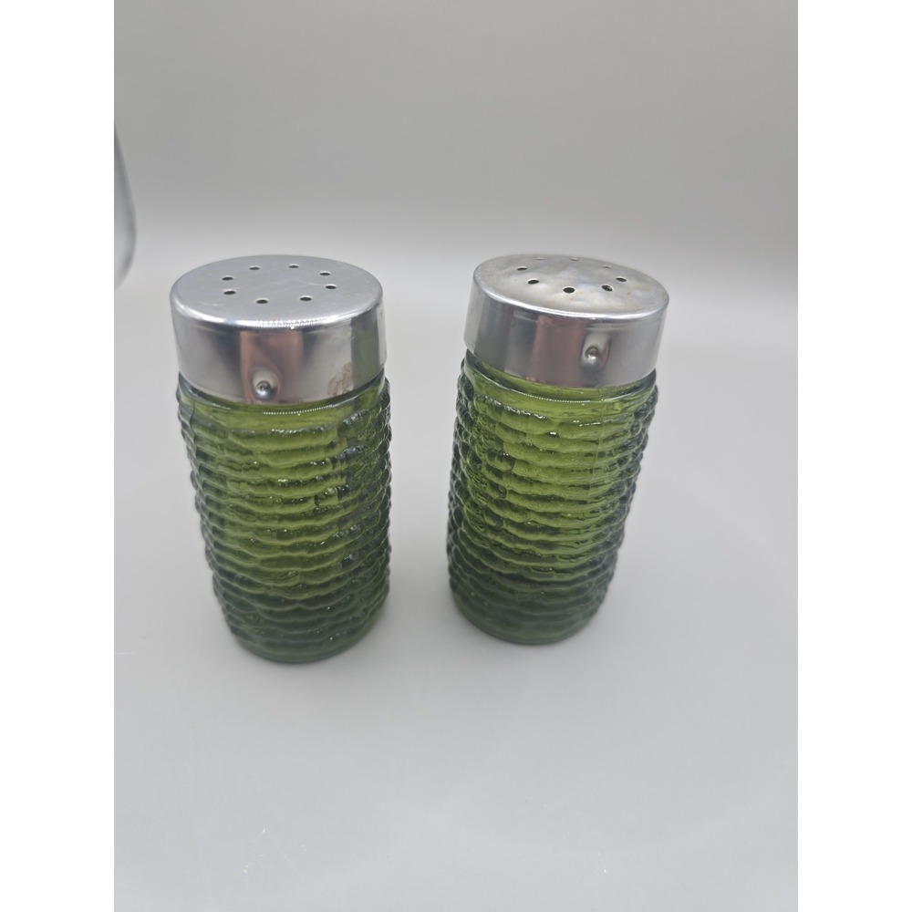 Vintage Green Glass Salt And Pepper Shakers Pre Owned